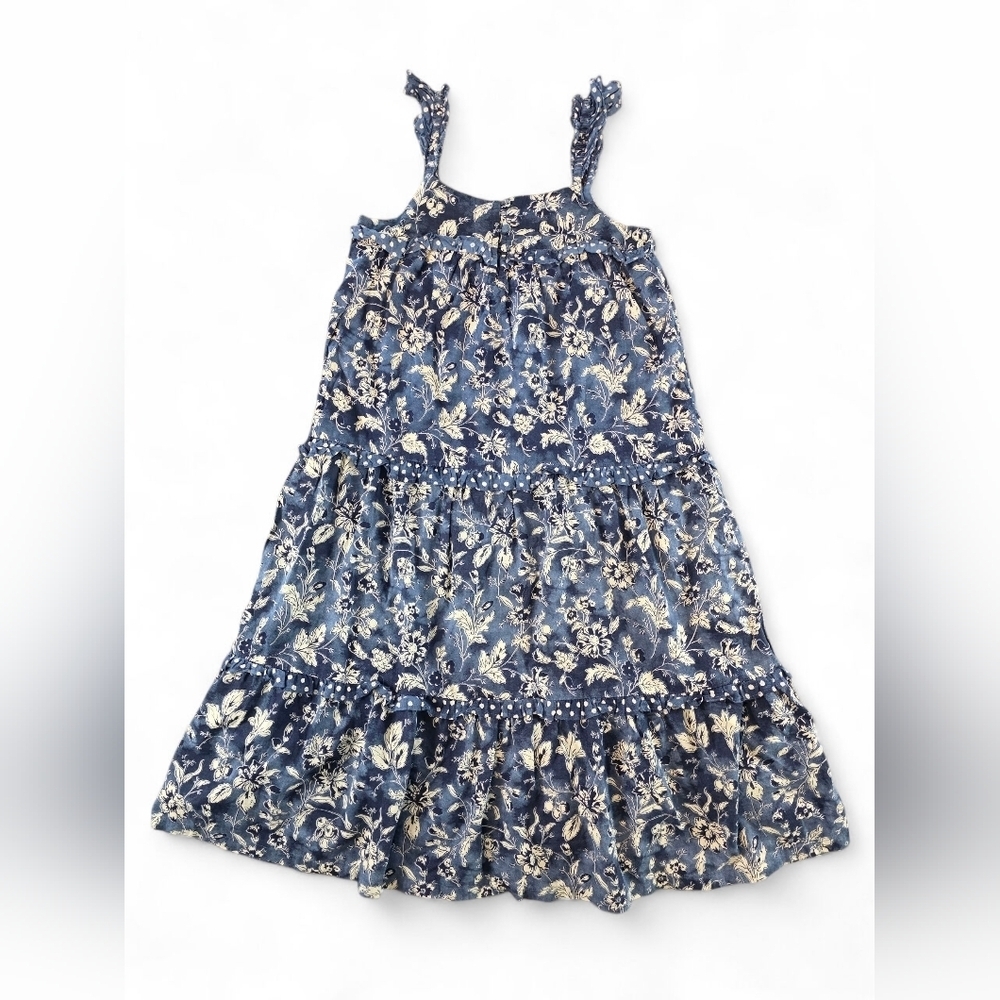GAP Kids Girls Blue Floral Ruffle Spaghetti Strap Tiered Dress Size M 8-9 Cotton